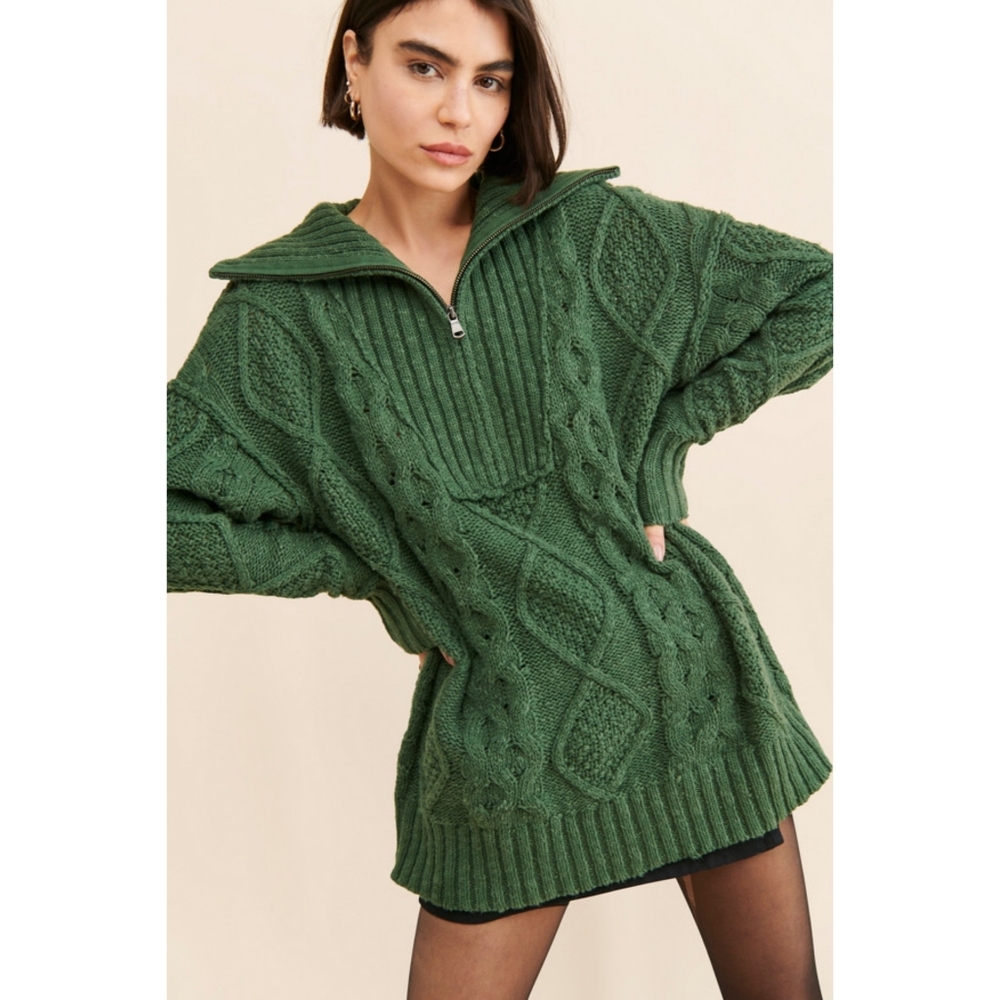 Free People‎ Driftwood Cable Knit Polo Sweater Half Zip Women's Size Small